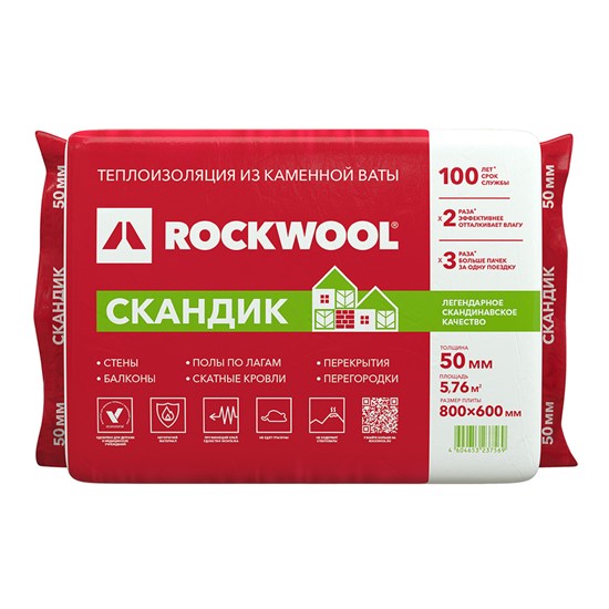 Утеплитель Rockwool Лайт Баттс Скандик 50х600х800 мм 5,76 кв.м 1901 - фото 4910