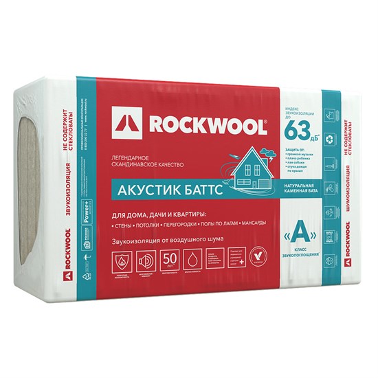 Шумоизоляция Rockwool Акустик Баттс 50х600х1000 мм 6 кв.м 1904 - фото 4929